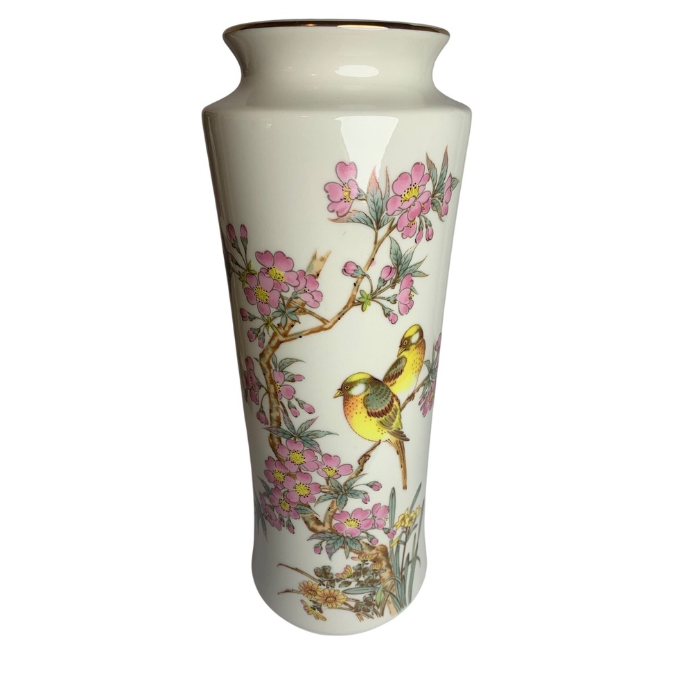 Vintage Kyoto Fine‎ China Japan Flower Vase Pink Cherry Blossom  Gold Rim